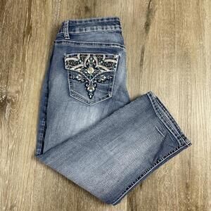Love X Indigo Cropped Jeans Women's 12 Flap Pocket Studded Star Cross Studs